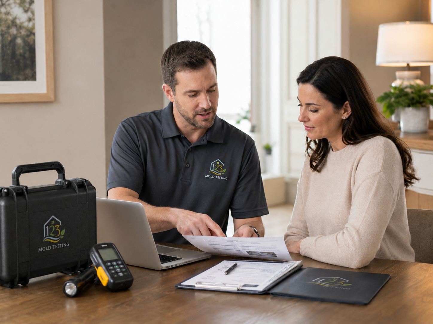 Inspector reviewing lab results and inspection paperwork with a homeowner at a table