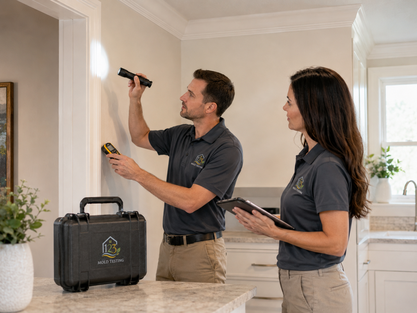 Mold inspector assessing an interior wall while a team member documents findings