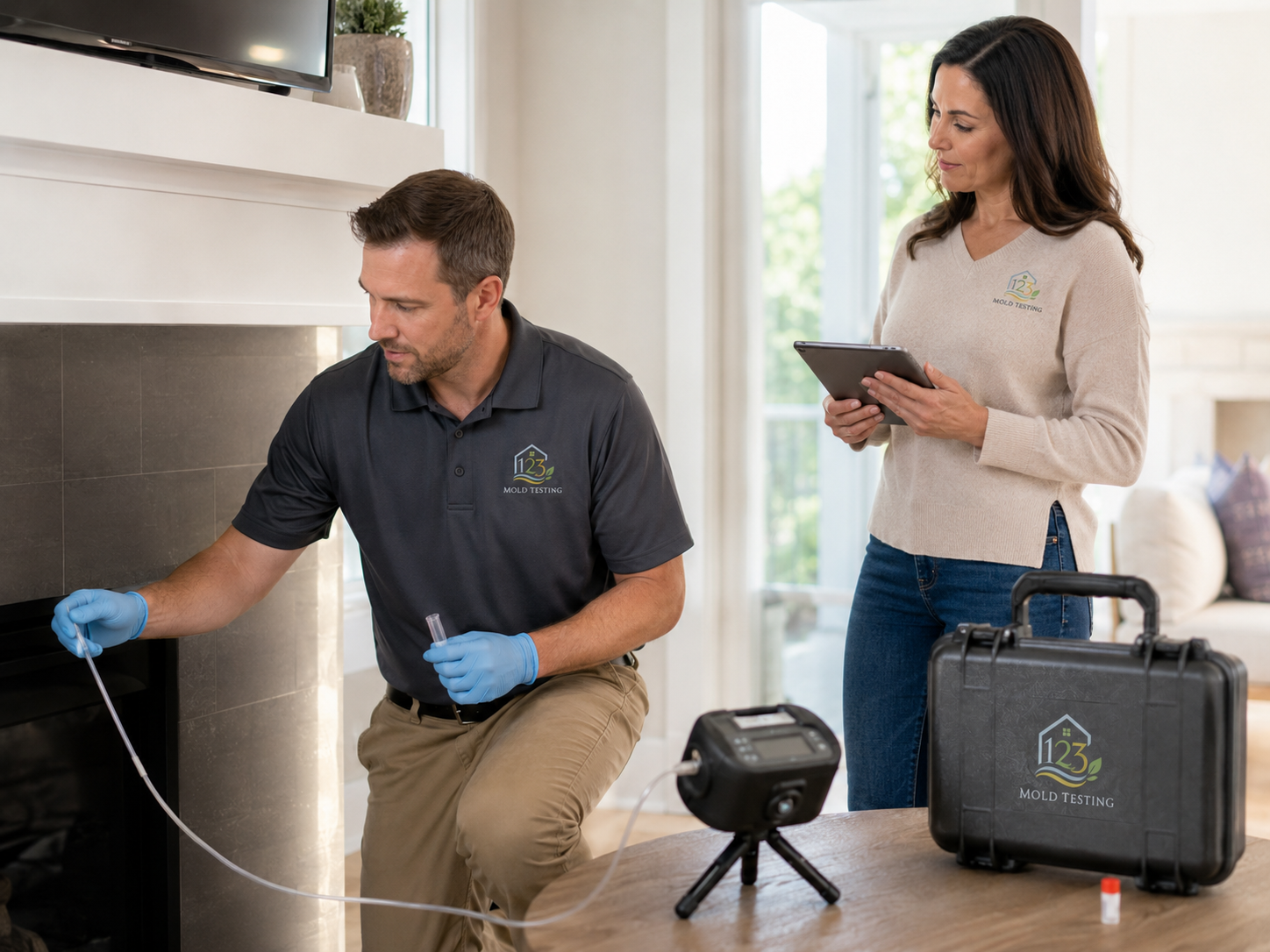 Inspector collecting a mold sample while another team member records information on a tablet