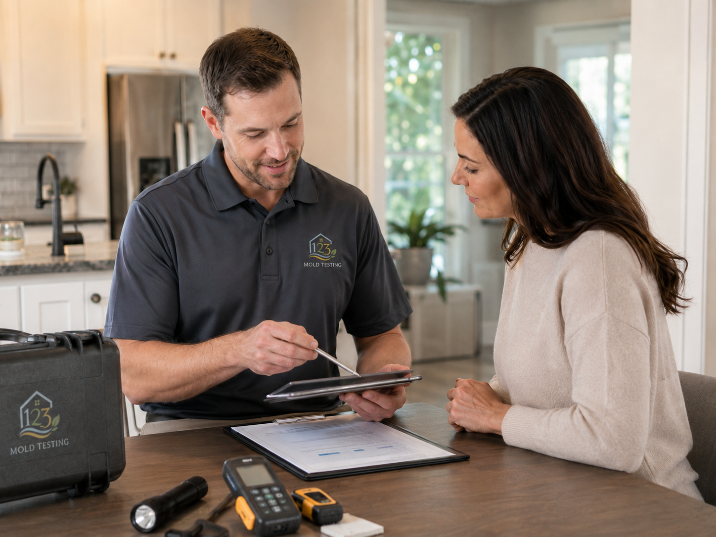 Inspector explaining inspection results and recommendations to a homeowner on a tablet